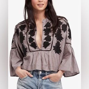 Free People Cotton Embroidered Cropped Blouse